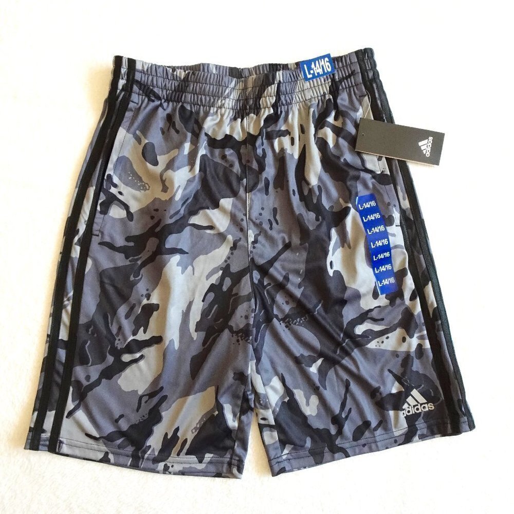 Adidas Athletic Shorts Boys Size L Black Gray Camo Basketball Soccer Pull On